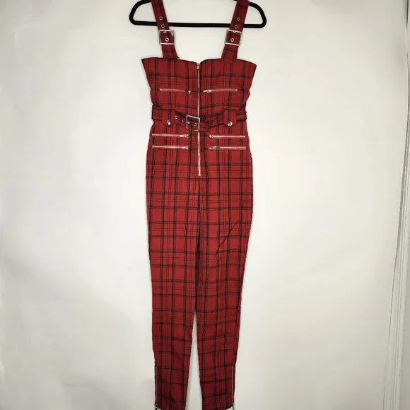 WeWoreWhat Y2K Plaid Moto Jumpsuit Overalls Stretch Buckle Adjustable Straps Red - Picture 2 of 9